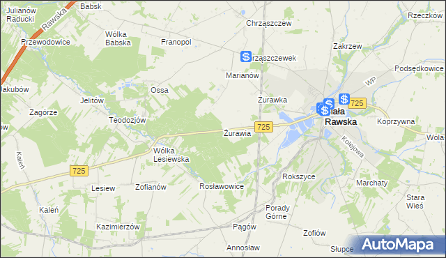 mapa Żurawia gmina Biała Rawska, Żurawia gmina Biała Rawska na mapie Targeo