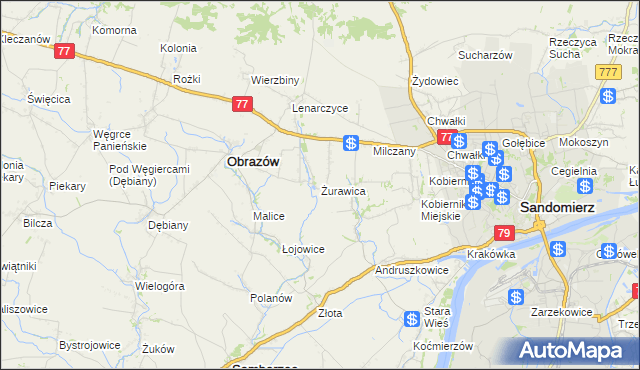 mapa Żurawica gmina Obrazów, Żurawica gmina Obrazów na mapie Targeo