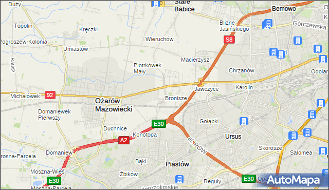 mapa Bronisze gmina Ożarów Mazowiecki, Bronisze gmina Ożarów Mazowiecki na mapie Targeo