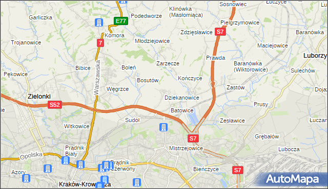mapa Dziekanowice gmina Zielonki, Dziekanowice gmina Zielonki na mapie Targeo