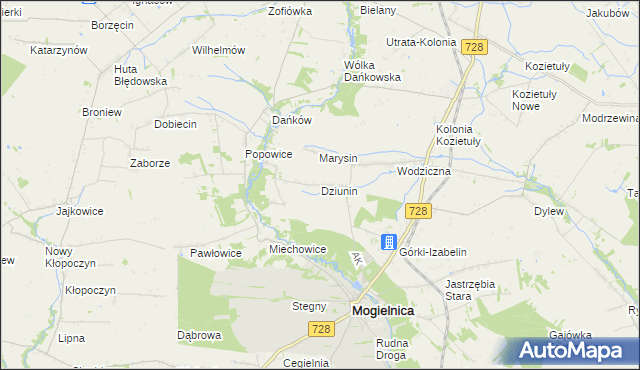 mapa Dziunin gmina Mogielnica, Dziunin gmina Mogielnica na mapie Targeo