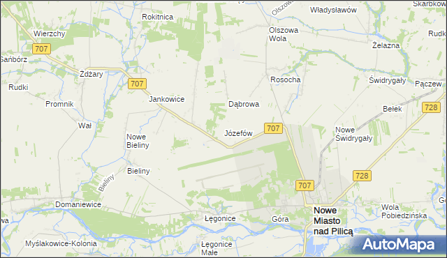 mapa Józefów gmina Nowe Miasto nad Pilicą, Józefów gmina Nowe Miasto nad Pilicą na mapie Targeo