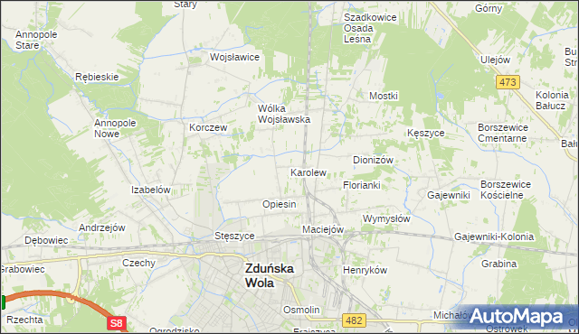 mapa Karolew gmina Zduńska Wola, Karolew gmina Zduńska Wola na mapie Targeo
