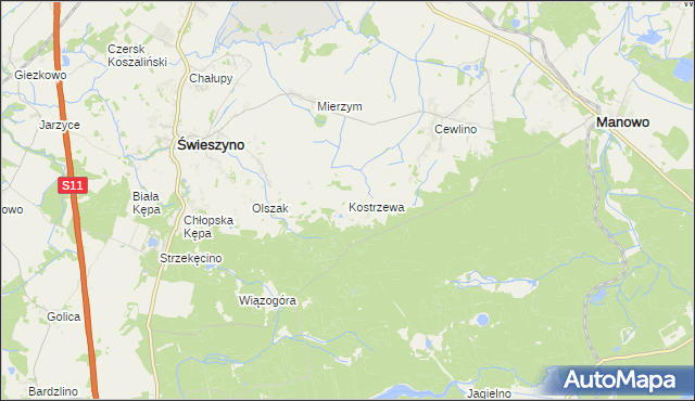mapa Kostrzewa gmina Manowo, Kostrzewa gmina Manowo na mapie Targeo