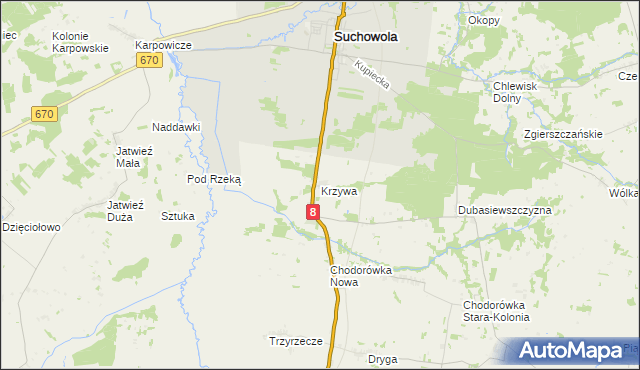 mapa Krzywa gmina Suchowola, Krzywa gmina Suchowola na mapie Targeo