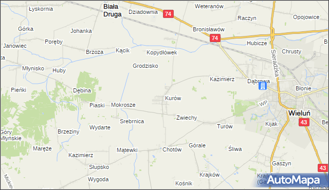 mapa Kurów gmina Wieluń, Kurów gmina Wieluń na mapie Targeo