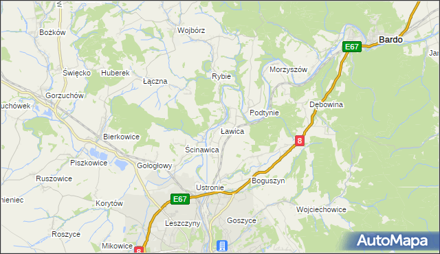 mapa Ławica gmina Kłodzko, Ławica gmina Kłodzko na mapie Targeo