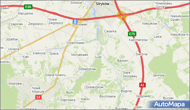 mapa Ługi gmina Stryków, Ługi gmina Stryków na mapie Targeo