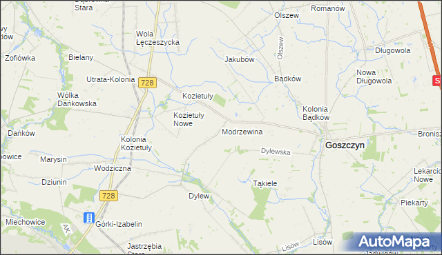 mapa Modrzewina gmina Goszczyn, Modrzewina gmina Goszczyn na mapie Targeo