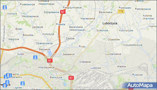 mapa Prusy gmina Kocmyrzów-Luborzyca, Prusy gmina Kocmyrzów-Luborzyca na mapie Targeo