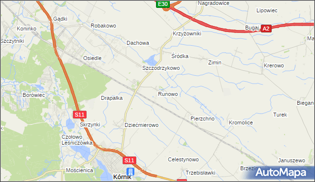 mapa Runowo gmina Kórnik, Runowo gmina Kórnik na mapie Targeo
