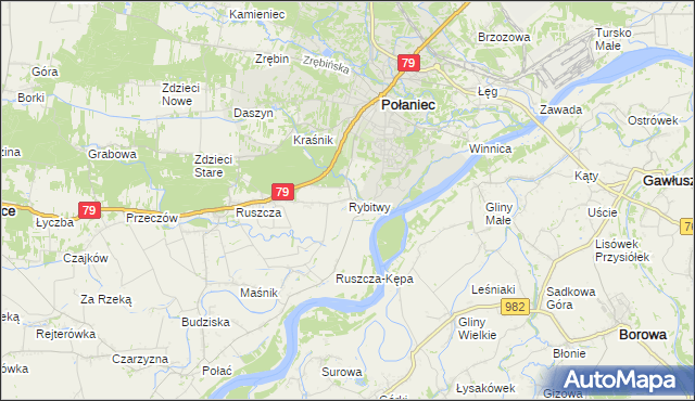 mapa Rybitwy gmina Połaniec, Rybitwy gmina Połaniec na mapie Targeo