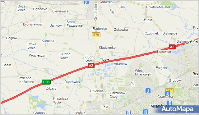 mapa Tłuste gmina Grodzisk Mazowiecki, Tłuste gmina Grodzisk Mazowiecki na mapie Targeo