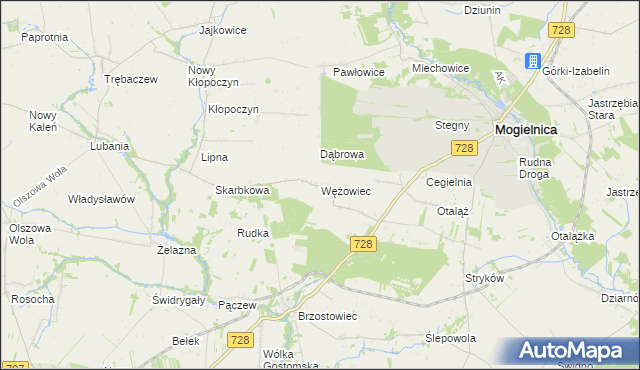 mapa Wężowiec gmina Mogielnica, Wężowiec gmina Mogielnica na mapie Targeo