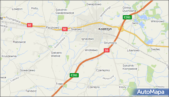 mapa Wróblewo gmina Kostrzyn, Wróblewo gmina Kostrzyn na mapie Targeo