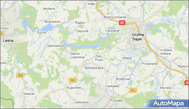 mapa Złoty Potok gmina Leśna, Złoty Potok gmina Leśna na mapie Targeo