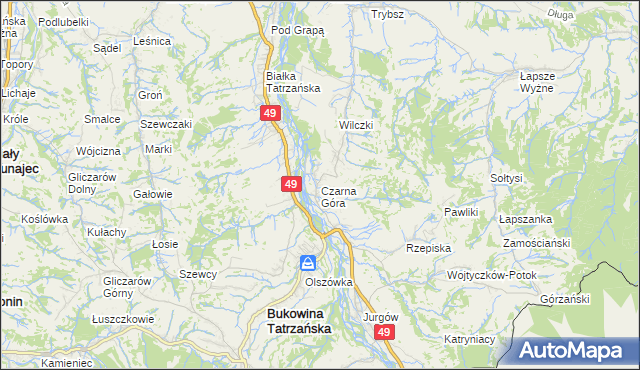 mapa Czarna Góra gmina Bukowina Tatrzańska, Czarna Góra gmina Bukowina Tatrzańska na mapie Targeo