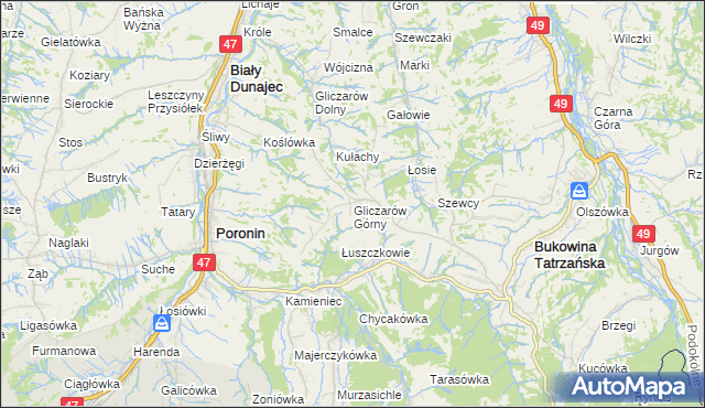 mapa Gliczarów Górny, Gliczarów Górny na mapie Targeo