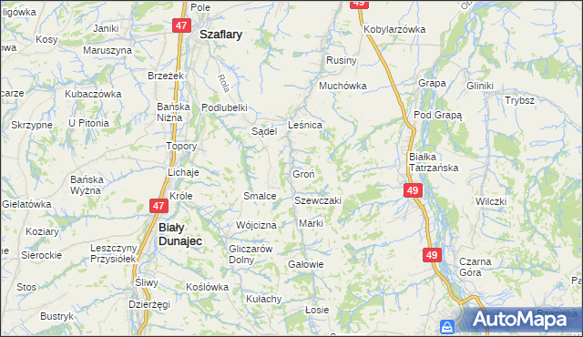 mapa Groń gmina Bukowina Tatrzańska, Groń gmina Bukowina Tatrzańska na mapie Targeo