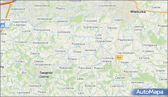 mapa Janowice gmina Wieliczka, Janowice gmina Wieliczka na mapie Targeo
