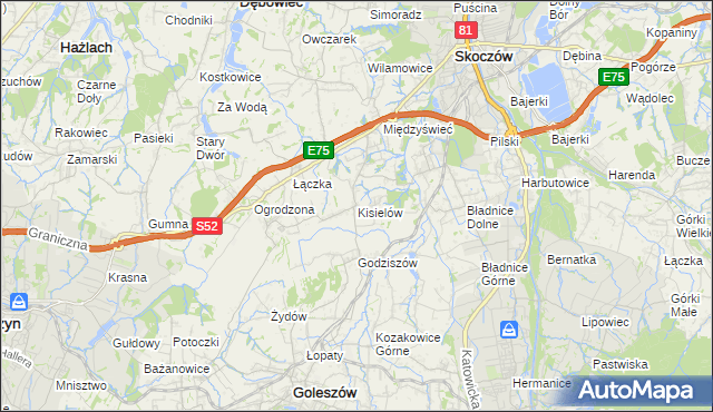 mapa Kisielów gmina Goleszów, Kisielów gmina Goleszów na mapie Targeo