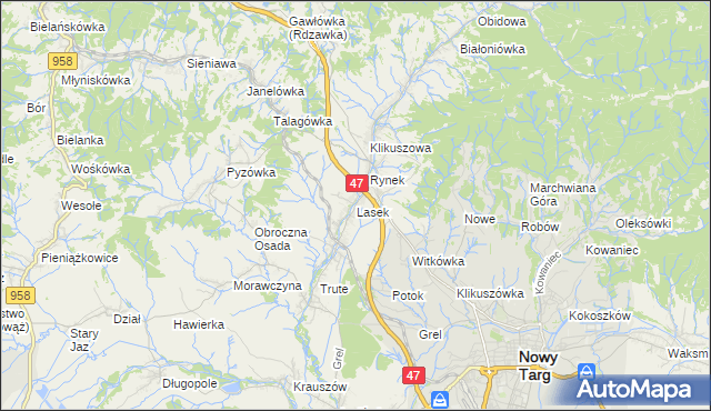 mapa Lasek gmina Nowy Targ, Lasek gmina Nowy Targ na mapie Targeo
