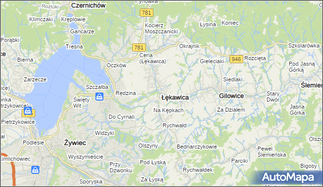 mapa Łękawica powiat żywiecki, Łękawica powiat żywiecki na mapie Targeo