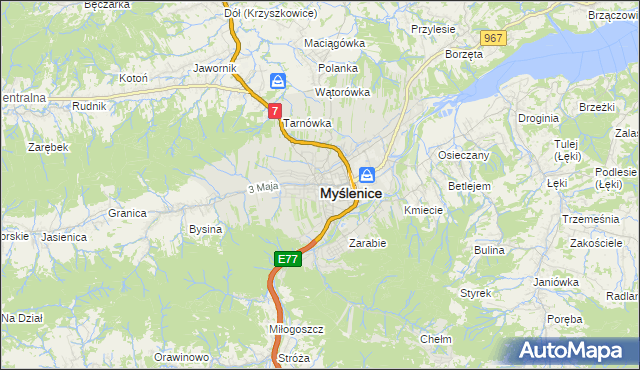 mapa Myślenice, Myślenice na mapie Targeo