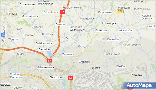 mapa Prusy gmina Kocmyrzów-Luborzyca, Prusy gmina Kocmyrzów-Luborzyca na mapie Targeo