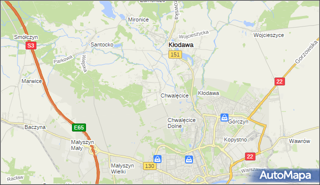 mapa Chwalęcice gmina Kłodawa, Chwalęcice gmina Kłodawa na mapie Targeo