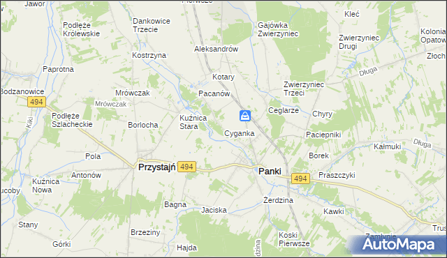 mapa Cyganka gmina Panki, Cyganka gmina Panki na mapie Targeo
