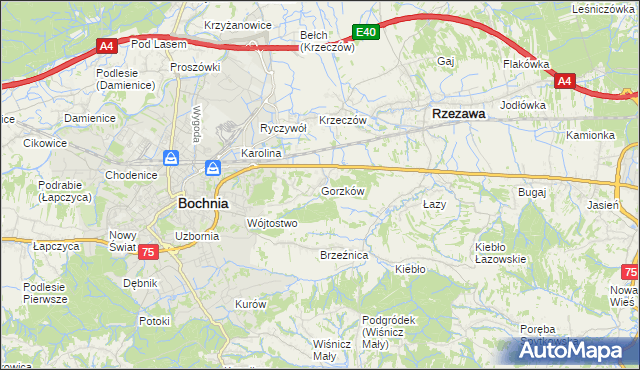 mapa Gorzków gmina Bochnia, Gorzków gmina Bochnia na mapie Targeo