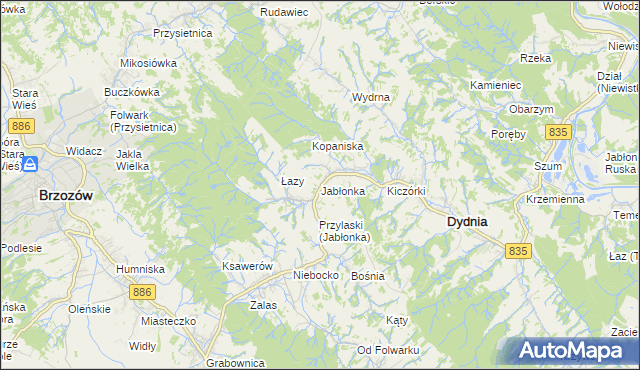 mapa Jabłonka gmina Dydnia, Jabłonka gmina Dydnia na mapie Targeo