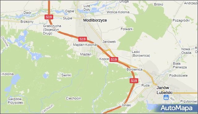 mapa Kopce gmina Janów Lubelski, Kopce gmina Janów Lubelski na mapie Targeo