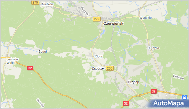 mapa Płoty gmina Czerwieńsk, Płoty gmina Czerwieńsk na mapie Targeo