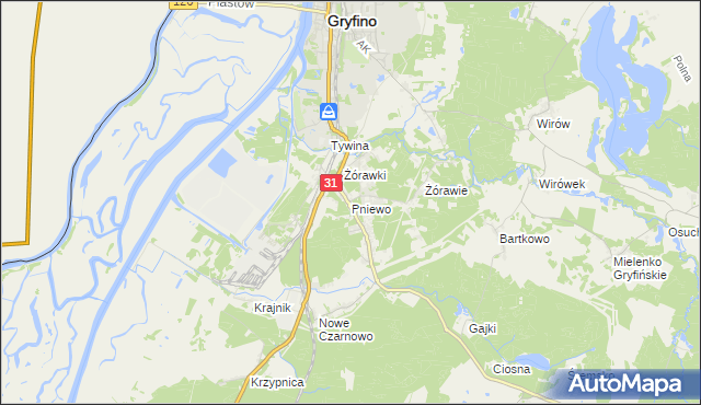 mapa Pniewo gmina Gryfino, Pniewo gmina Gryfino na mapie Targeo