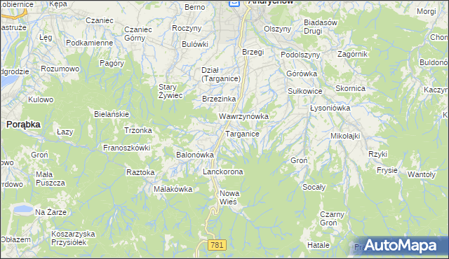 mapa Targanice, Targanice na mapie Targeo