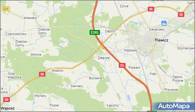 mapa Załęcze gmina Rawicz, Załęcze gmina Rawicz na mapie Targeo