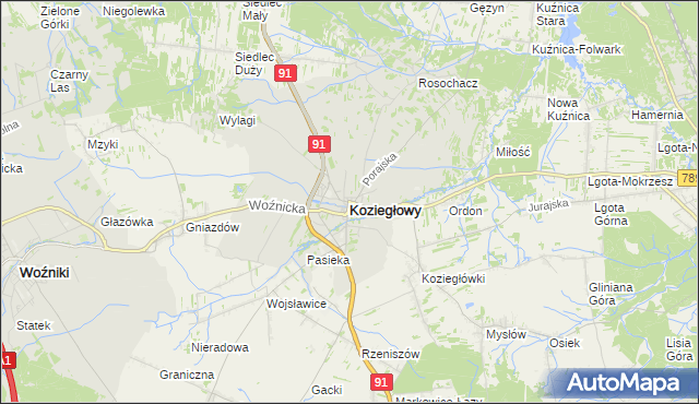 mapa Koziegłowy powiat myszkowski, Koziegłowy powiat myszkowski na mapie Targeo