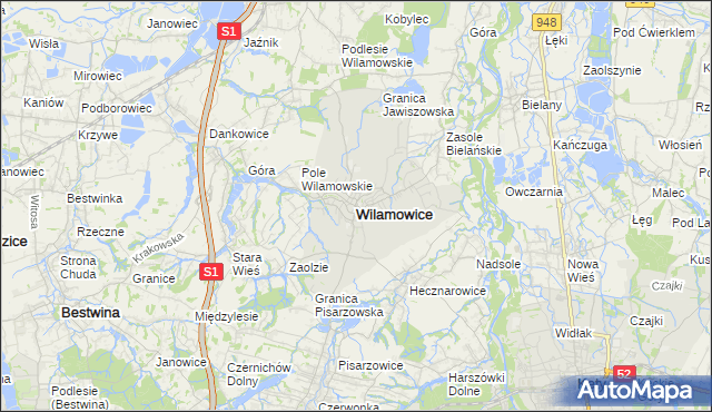 mapa Wilamowice powiat bielski, Wilamowice powiat bielski na mapie Targeo