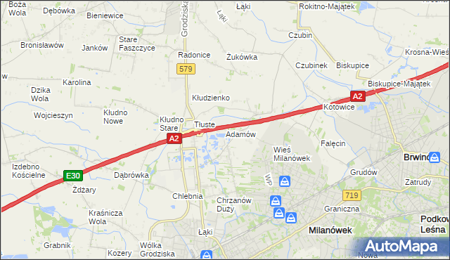 mapa Adamów gmina Grodzisk Mazowiecki, Adamów gmina Grodzisk Mazowiecki na mapie Targeo