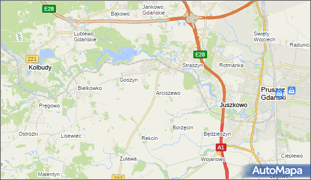 mapa Arciszewo gmina Pruszcz Gdański, Arciszewo gmina Pruszcz Gdański na mapie Targeo