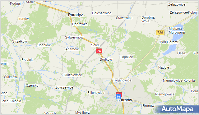 mapa Budków gmina Żarnów, Budków gmina Żarnów na mapie Targeo