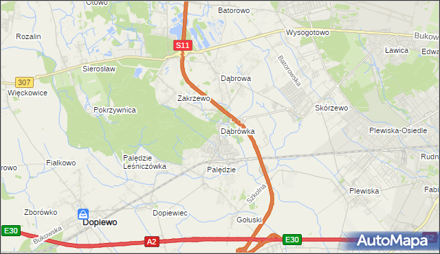 mapa Dąbrówka gmina Dopiewo, Dąbrówka gmina Dopiewo na mapie Targeo