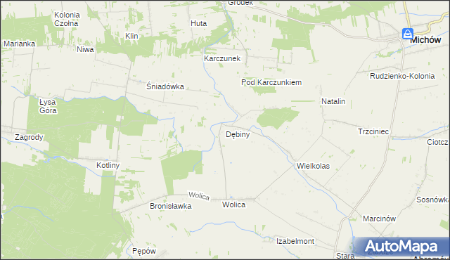 mapa Dębiny gmina Abramów, Dębiny gmina Abramów na mapie Targeo