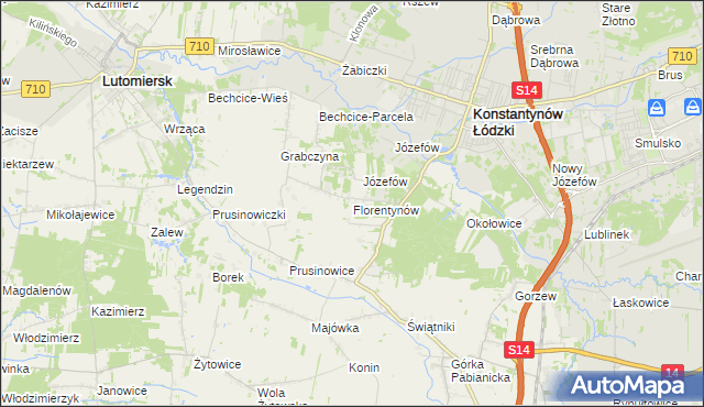 mapa Florentynów gmina Lutomiersk, Florentynów gmina Lutomiersk na mapie Targeo
