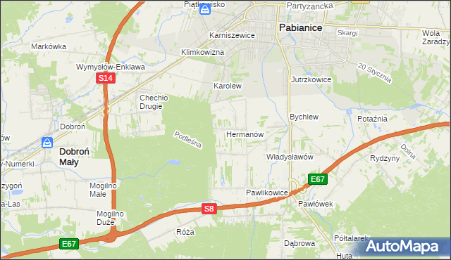 mapa Hermanów gmina Pabianice, Hermanów gmina Pabianice na mapie Targeo