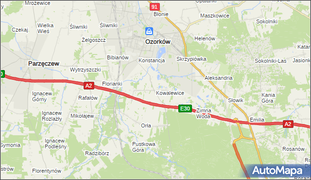 mapa Kowalewice gmina Parzęczew, Kowalewice gmina Parzęczew na mapie Targeo