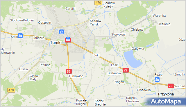 mapa Żuki gmina Turek, Żuki gmina Turek na mapie Targeo