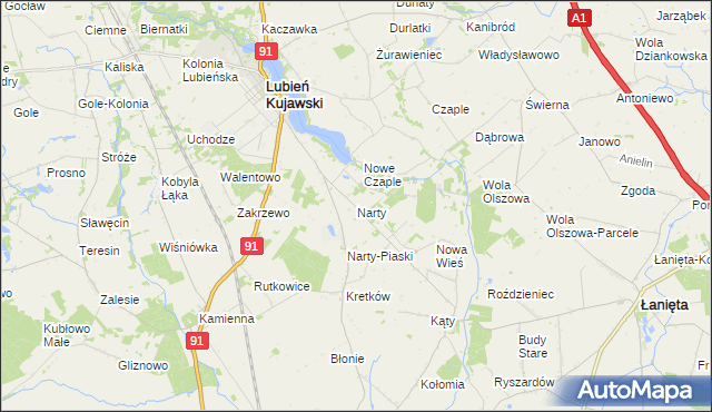 mapa Narty gmina Lubień Kujawski, Narty gmina Lubień Kujawski na mapie Targeo